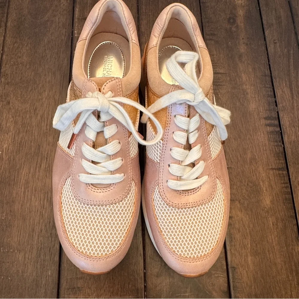 Michael Kors Womens Allie Trainer Leather Rose Gold Pink Sneaker Shoes 7.5 M